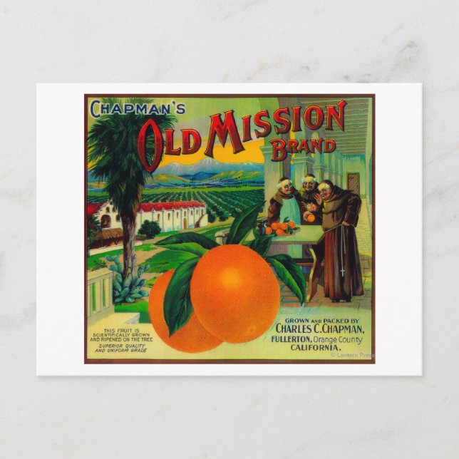 Postal Etiqueta de Naranja de misión antiguaFullerton, CA (Anverso)