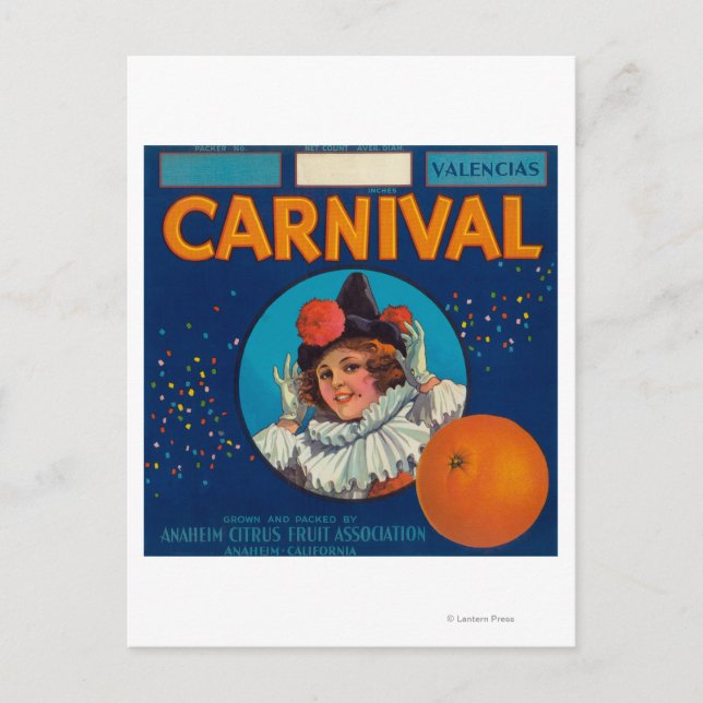 Postal Etiqueta de Naranja del CarnavalAnaheim, CA (Anverso)
