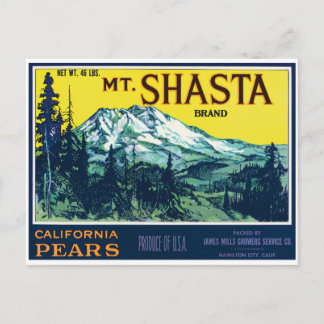 Postal Etiqueta de peras Vintage Mt Shasta California