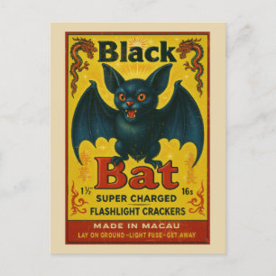 Postal Etiqueta de petardo de murciélago negro vintage de