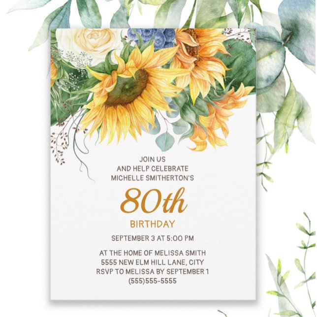 Postal Eucalipto 90 cumpleaños de girasoles personalizado (Sunflowers and eucalyptus women's 80th birthday invitation)
