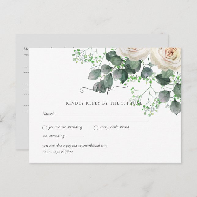 Postal Eucalipto de rosas blancas deja matrimonio RSVP (Anverso / Reverso)