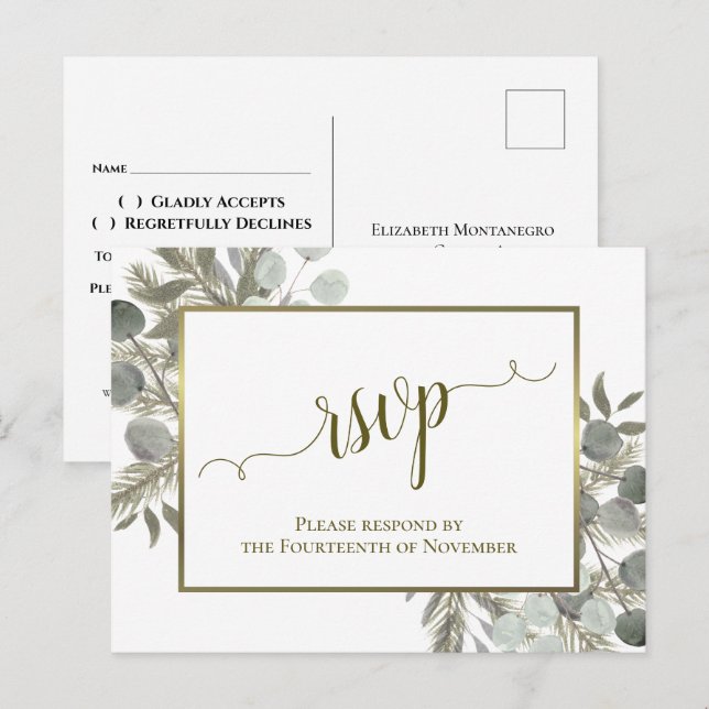 Postal Eucalipto Rústico y Boda de Pino Dorado RSVP (Anverso / Reverso)