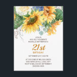 Postal Eucalipto Sunflower Personalizado Cumpleaños 21<br><div class="desc">Hermosos girasoles amarillos y hojas verdes personalizan la invitación de la fiesta de cumpleaños 21 para las mujeres. Puede cambiar el texto de esta tarjeta para una fiesta de cumpleaños por cualquier edad que esté celebrando.</div>