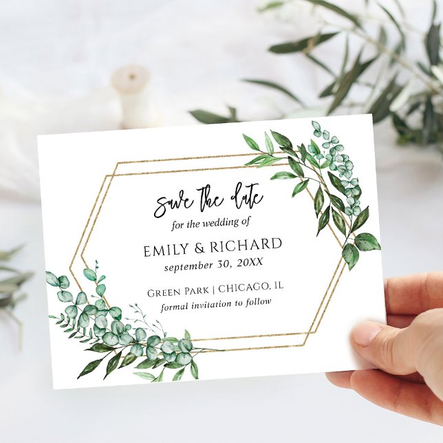 Postal Eucalipto Verde Dorado Save the Date (Subido por el creador)