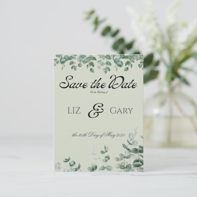 Postal Eucalipto Verde Elegante Boda Guardar la Fecha (Anverso de pie)