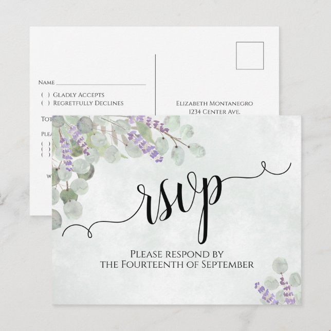 Postal Eucalipto y Boda de Lavanda RSVP (Anverso / Reverso)