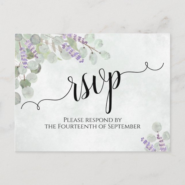 Postal Eucalipto y Boda de Lavanda RSVP (Anverso)