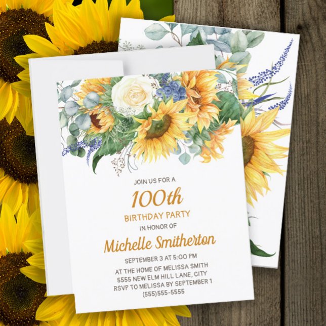 Postal Eucalyptus 18º cumpleaños personalizado (Sunflowers and eucalyptus women's 100th birthday party invitation)