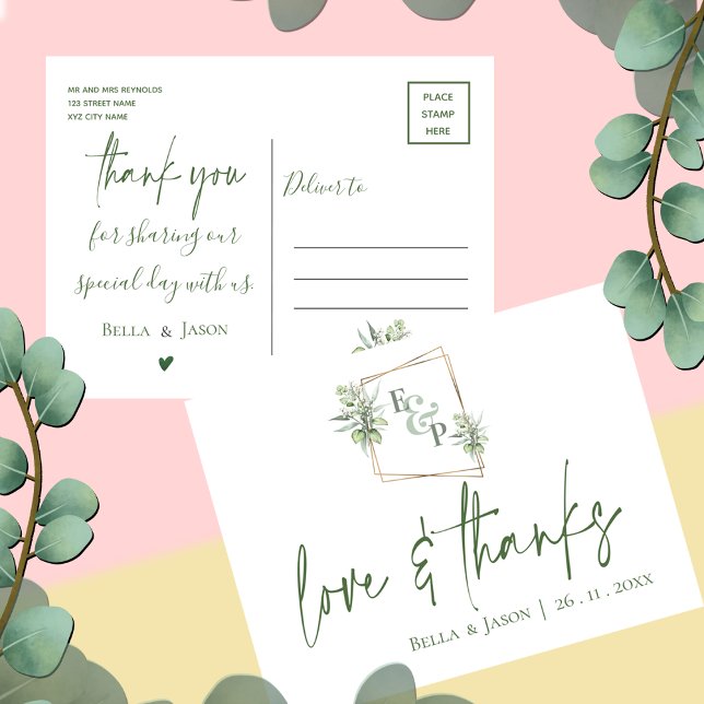 Postal Eucalyptus Amor Gracias Greenery Boda Gracias (Eucalyptus Love Thanks Greenery Wedding Thank You Postcard)