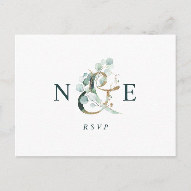 Postal Eucalyptus Ampersand Gold Green Wedding RSVP (Anverso)