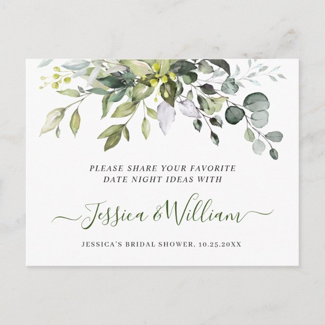 Postal Eucalyptus Bridal Shower Date Night Idea Card (Anverso)