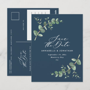 Postal Eucalyptus elegante boda azul marino salva la fech