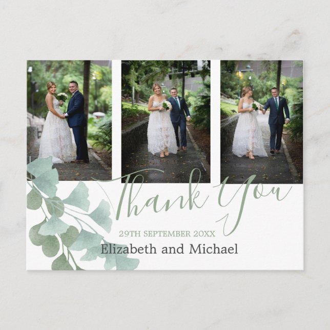 Postal Eucalyptus Green Leaves Elegante Boda Gracias (Anverso)