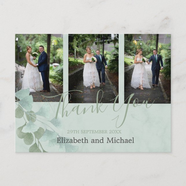 Postal Eucalyptus Green Marble Elegante Boda Gracias (Anverso)