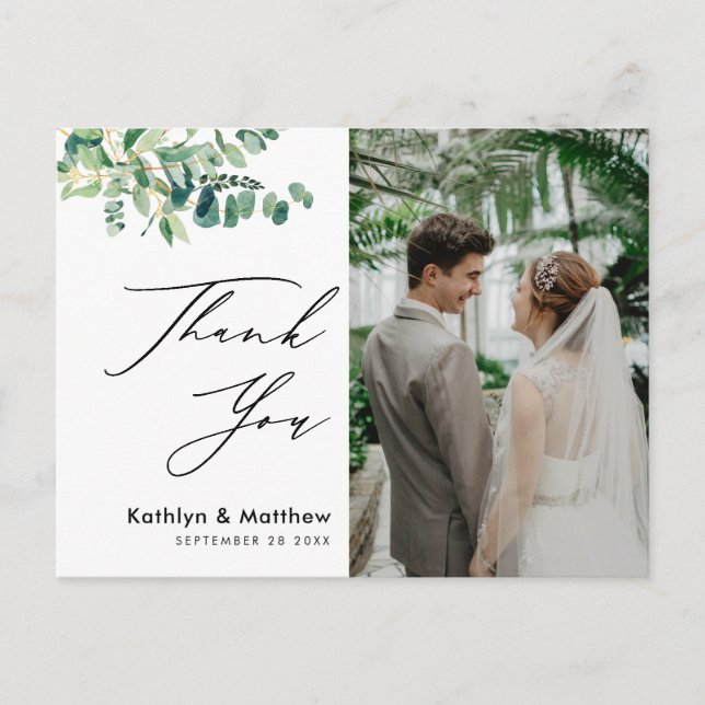 Postal Eucalyptus Greenery Script Photo Boda Gracias (Anverso)