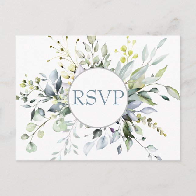 Postal Eucalyptus Greenery Wedding RSVP con elección de c (Anverso)