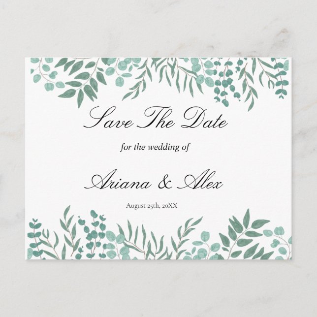 Postal Eucalyptus Rústica Boda de Verdor Salvar La Fecha (Anverso)