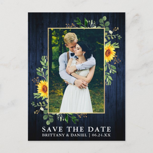 Postal Eucalyptus Sunflower Blue Wood Save The Date (Anverso)