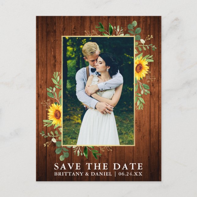 Postal Eucalyptus Sunflower Wood Save The Date (Anverso)
