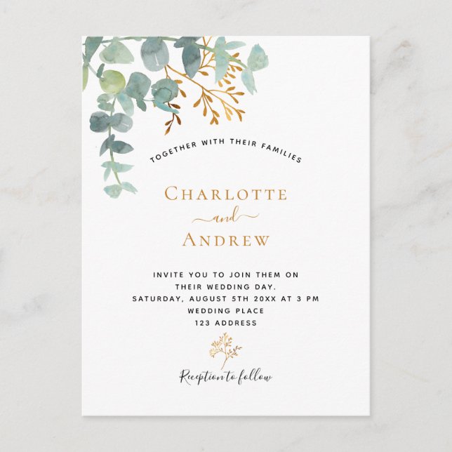 Postal Eucalyptus verde oro simple boda elegante (Anverso)
