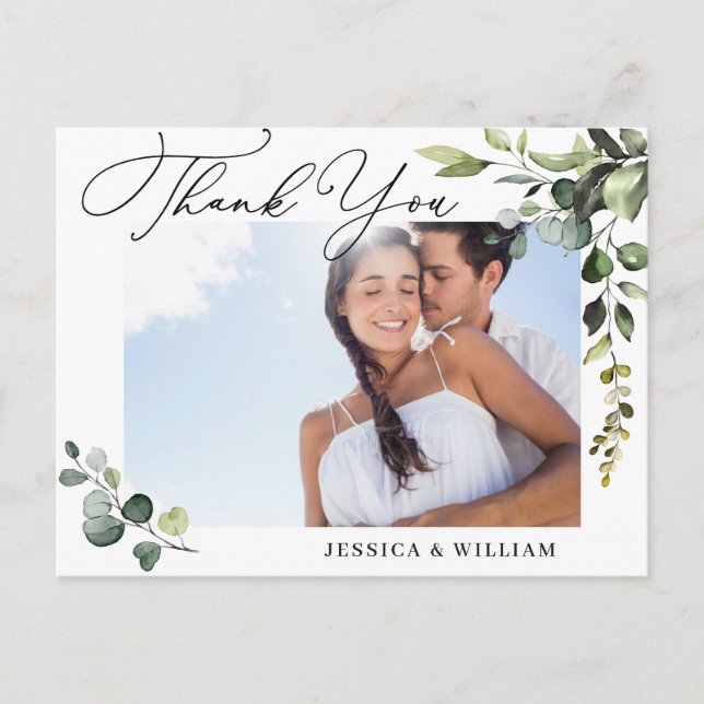 Postal Eucalyptus Watercolor Boda Foto Gracias QR (Anverso)