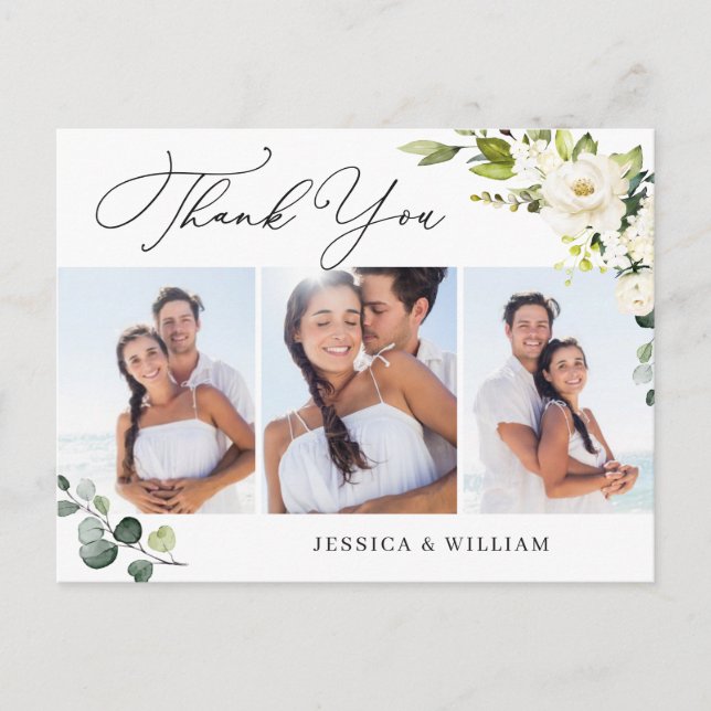 Postal Eucalyptus White Roses Boda 3 Foto Gracias (Anverso)