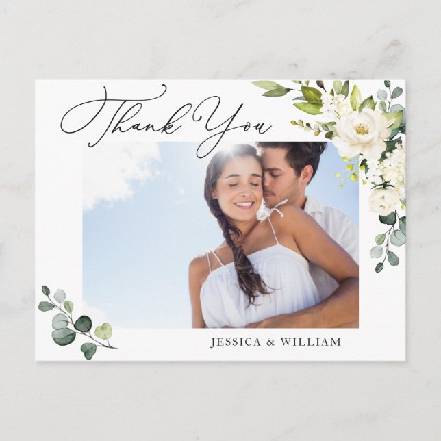Postal Eucalyptus White Roses Boda Foto Gracias (Anverso)