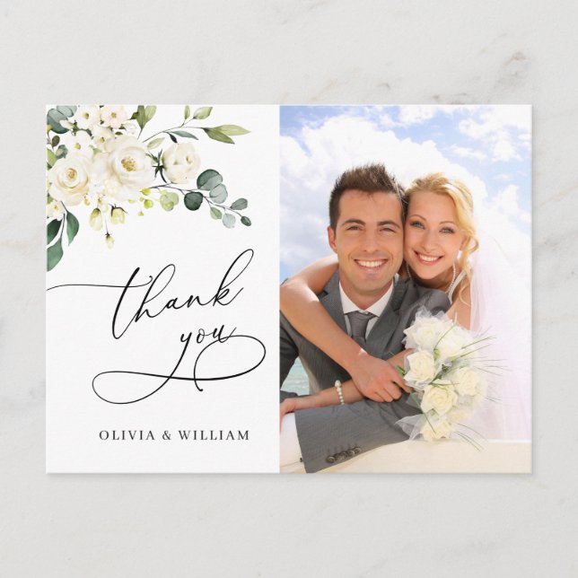 Postal Eucalyptus White Roses Boda Foto Gracias (Anverso)