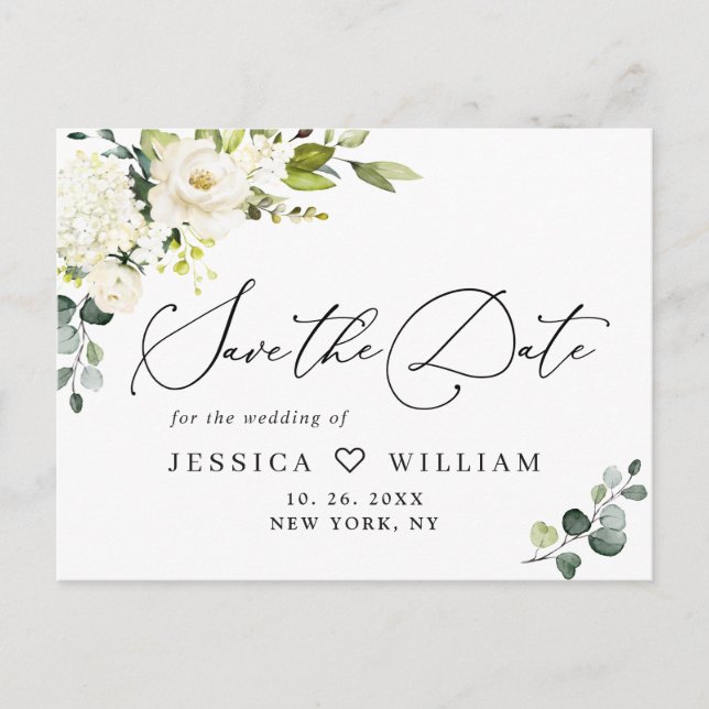 Postal Eucalyptus White Roses Boho Wedding Save the Date (Anverso)