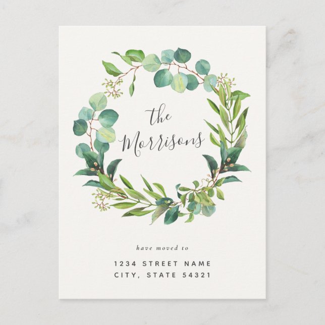 Postal Eucalyptus Wreath Calligraphy Cambio de dirección (Anverso)