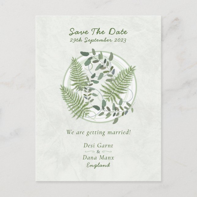Postal Eucalyptus y Fern Rings, Save the Date Boda (Anverso)
