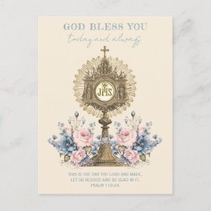 Postal Eucaristía Católica Jesús Floral Azul