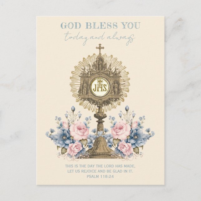 Postal Eucaristía Católica Jesús Floral Azul (Anverso)