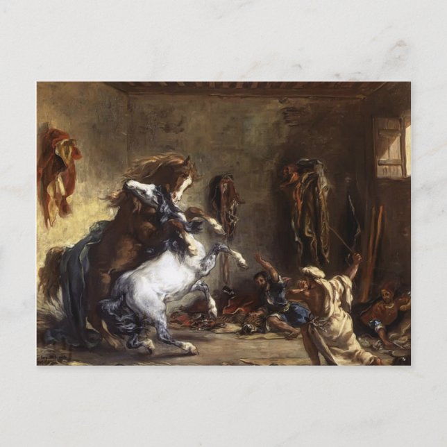 Postal Eugene Delacroix- Caballos árabes luchando en un e (Anverso)
