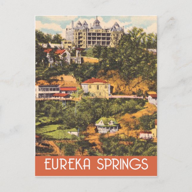 Postal Eureka Springs, Arkansas, estilo de viaje vintage (Anverso)