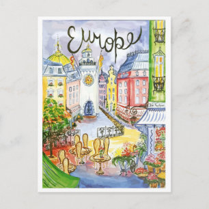 Postal Europa, ciudad urbana, atracciones, viaje vintage