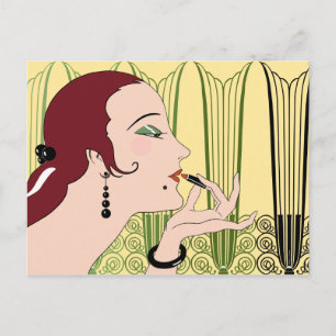 Postal Eva, dama de Art Deco en amarillo y oliva