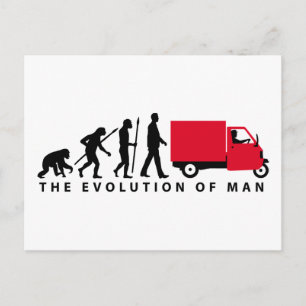 Postal Evolución del hombre Piaggio Ape mini transportado