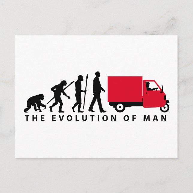 Postal Evolución del hombre Piaggio Ape mini transportado (Anverso)
