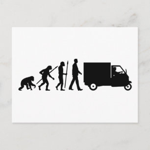 Postal Evolución del hombre Piaggio Ape mini transportado