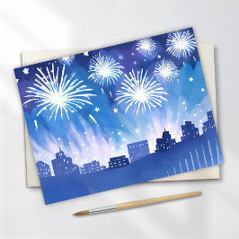 Postal Exhibición de Fuegos Artificiales Azules | Acuarel