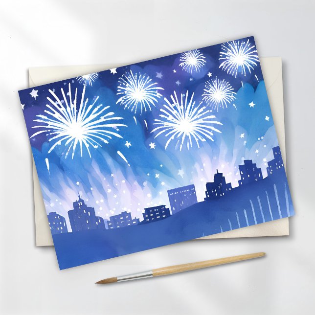 Postal Exhibición de Fuegos Artificiales Azules | Acuarel (Subido por el creador)