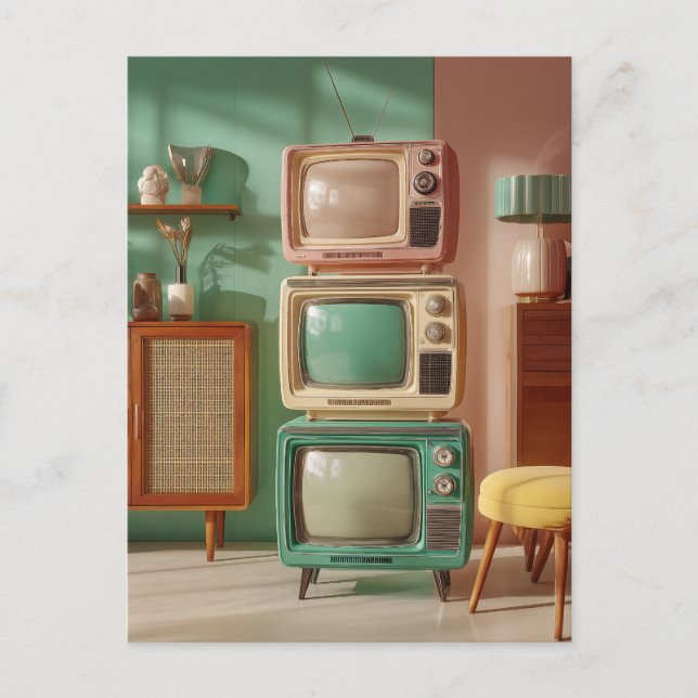 Postal Exhibidor de televisores antiguos apilados (Anverso)