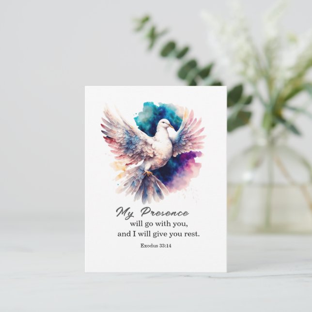 Postal Éxodo 33:14 Mi presencia irá con la Biblia (Anverso de pie)