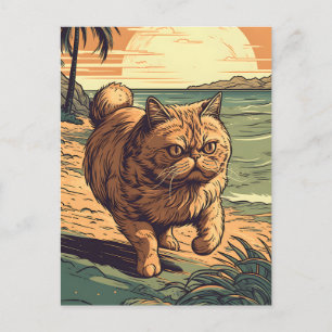 Postal Exótico-Shorthair-Cat en una playa tropical