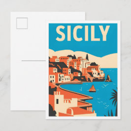 Postal Explorar Sicilia Italia Ilustración de viaje vinta