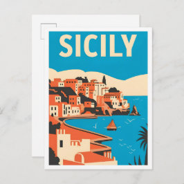 Postal Explore Sicily Italy Vintage Travel Illustration