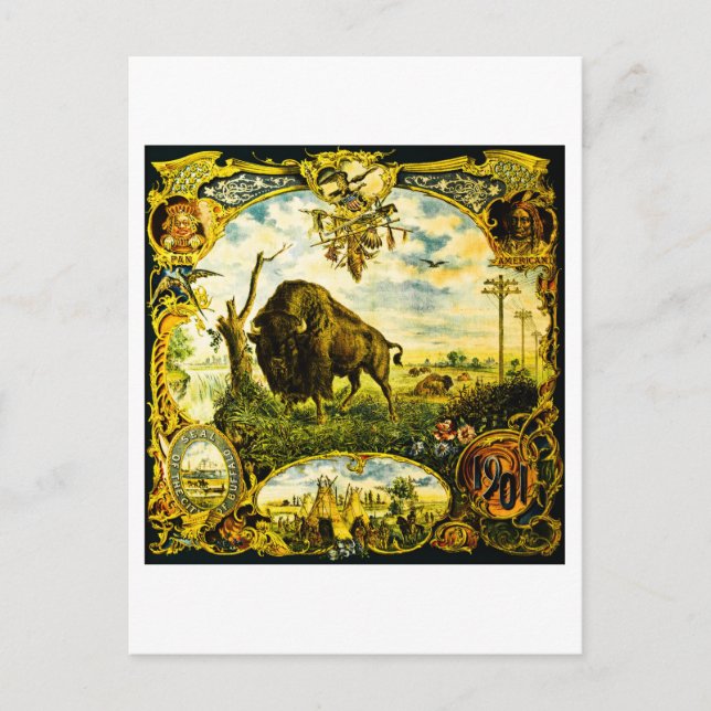Postal Exposición Pan Am con Motivos de Bisonte y Nativos (Anverso)