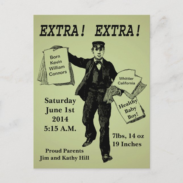 Postal ¡Extra! ¡Extra! Anuncio de bebé de periódico de ép (Anverso)